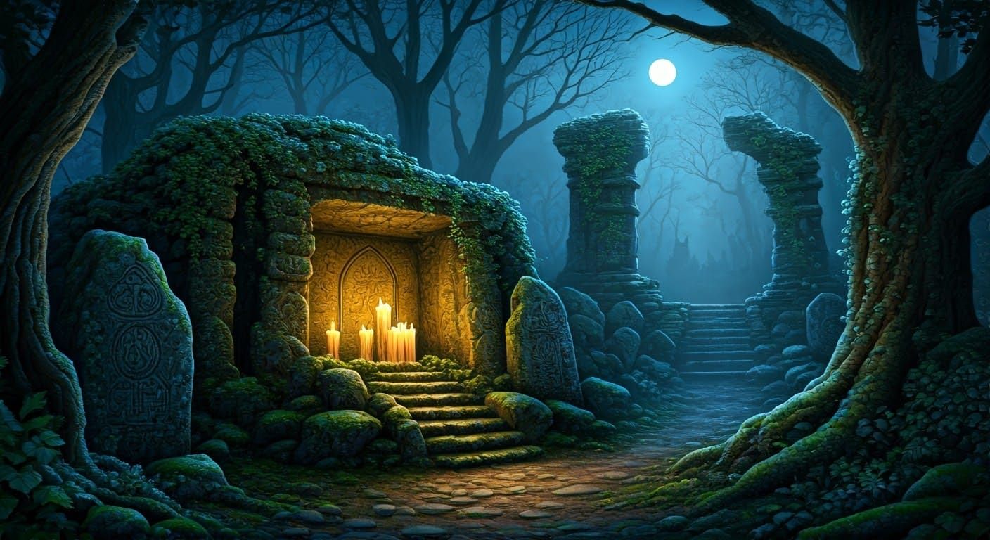 Golden Candlelight Illuminates Ancient Celtic Ruins in Mysti...