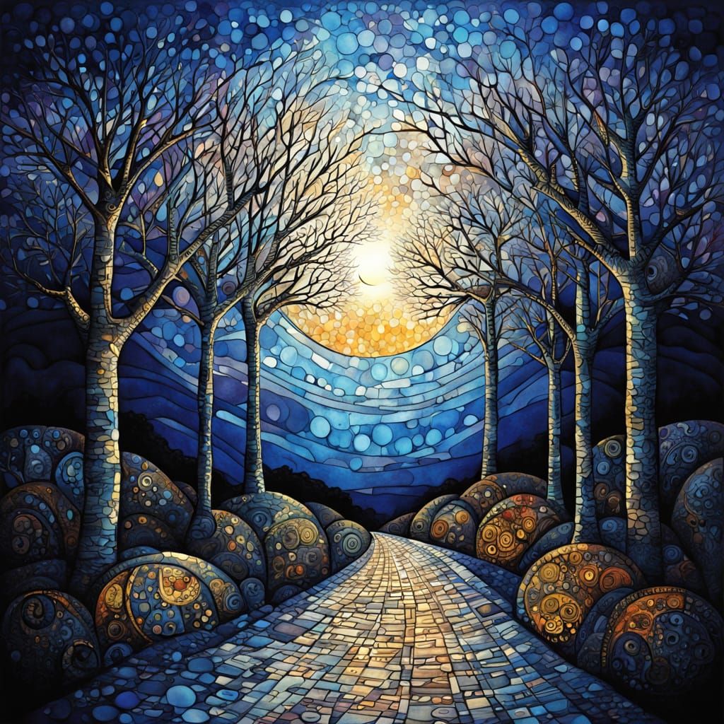 Moonlit Path Through Arabesque Forest, Impasto Alcohol Ink