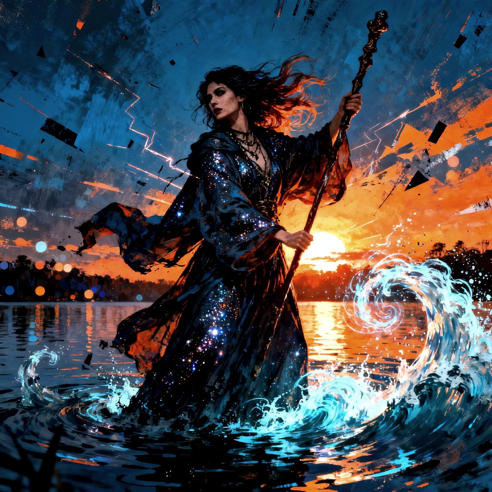 Mystical Woman Wields Staff on Water in Noir Style