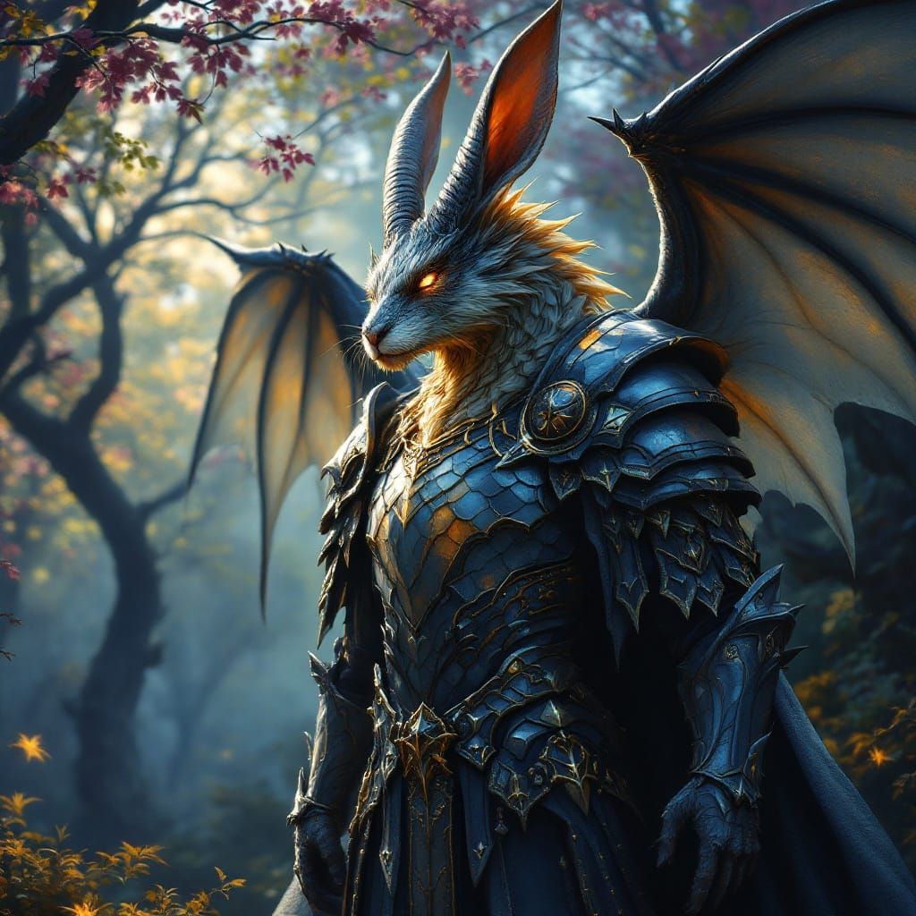 Regal Dragon Rabbit Hybrid Beast Man in Mystical Elven Woods