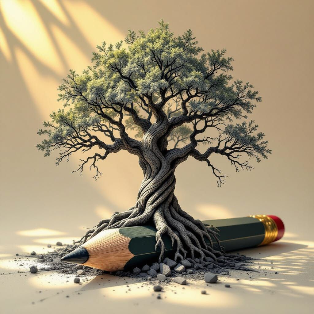 Giant Tree Grows From Graphite Pencil with Detailed Shavings