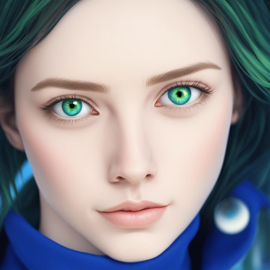 Self portrait of a lady with short brown hair with blue hair highlights and green eyes and white skin& realistic vibes& ...