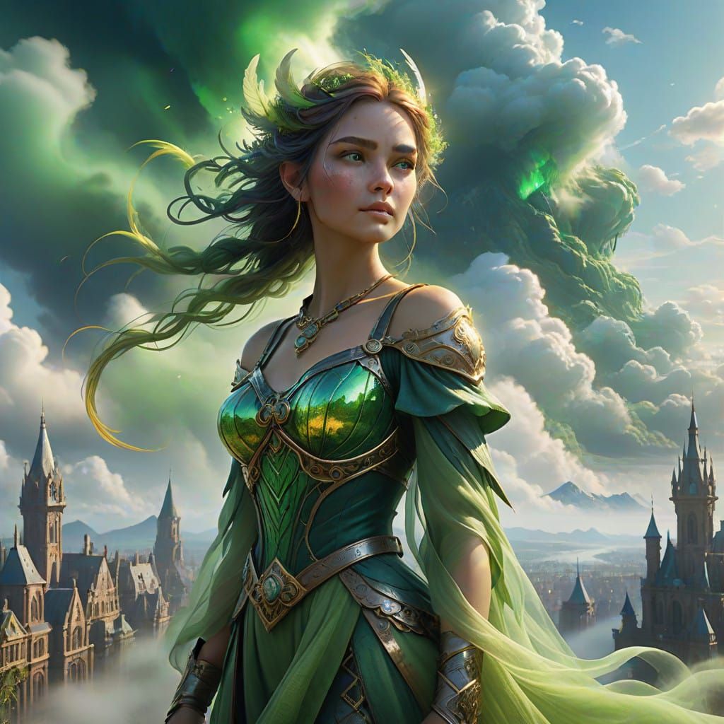 Whimsical Green Air Elemental in Vibrant Cloud Cityscape