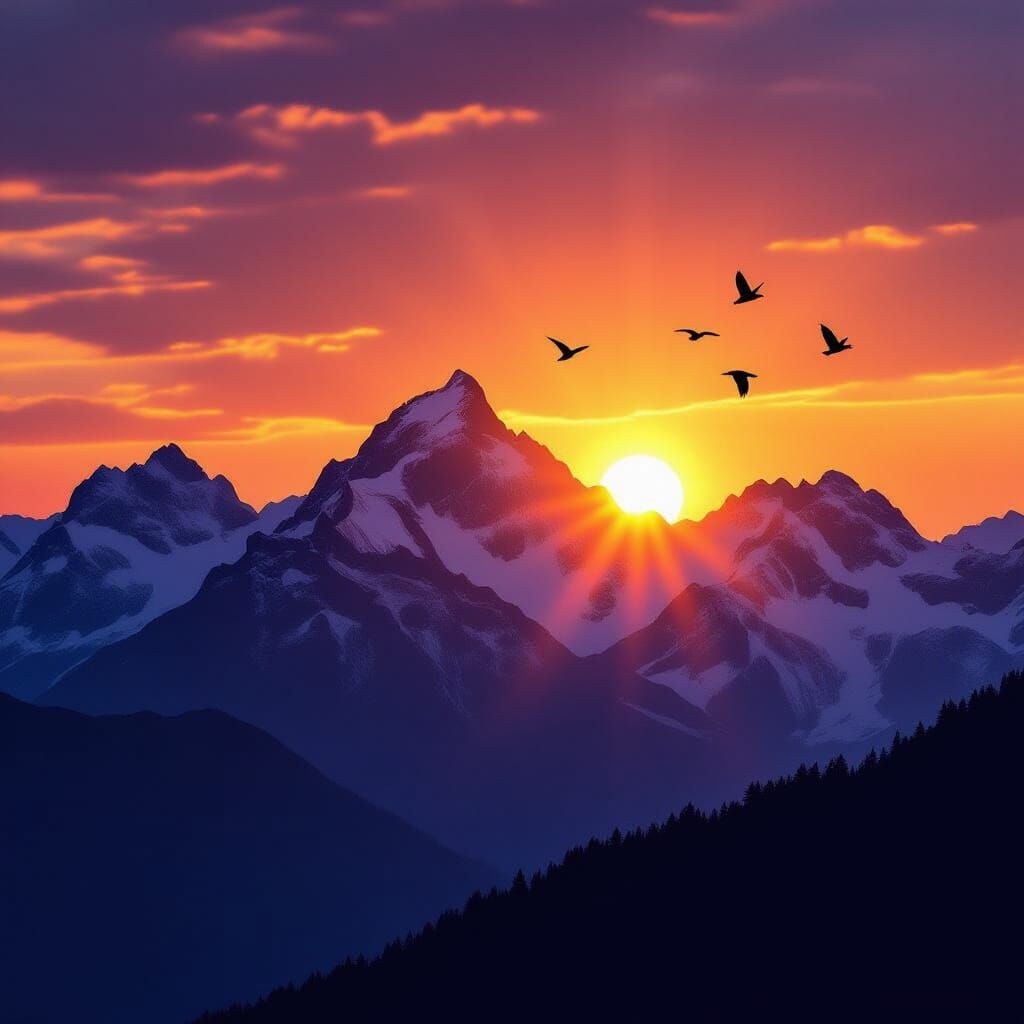 Majestic Mountains At Sunset With Silhouetted Birds