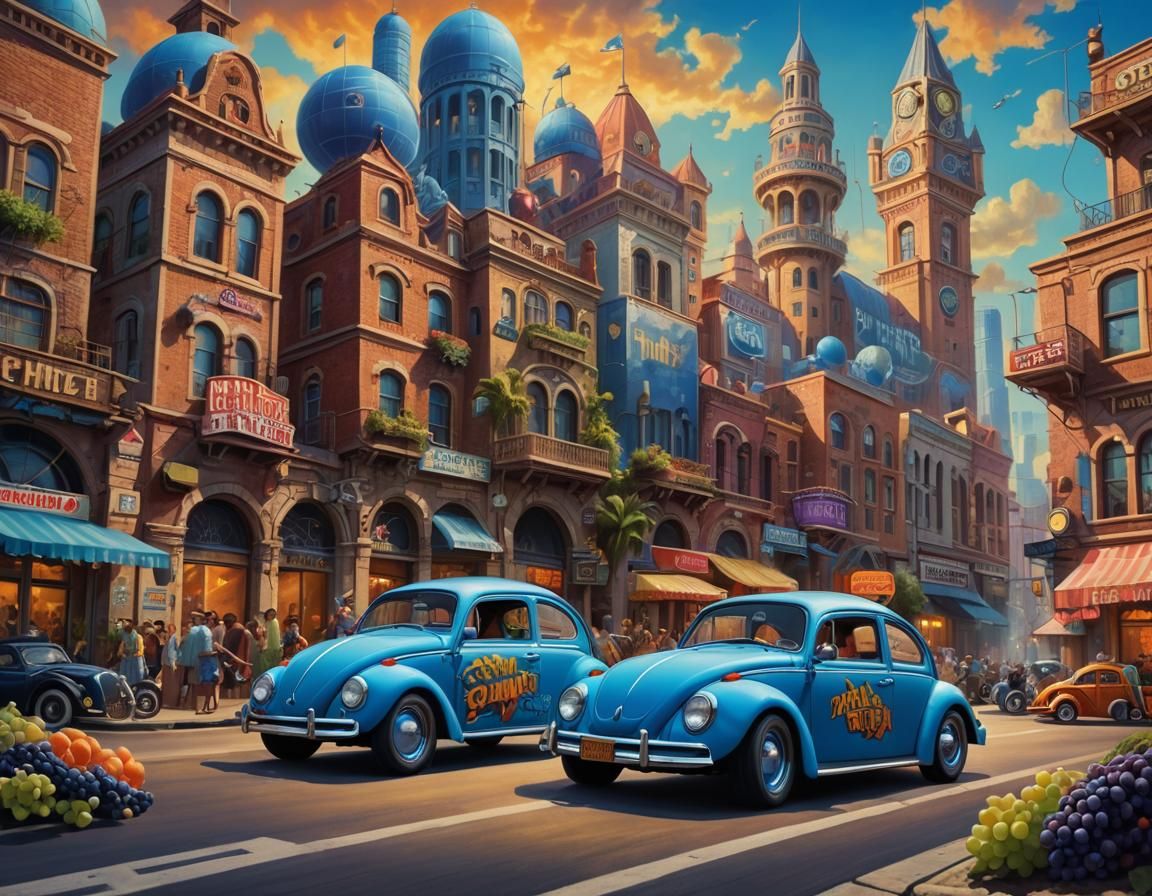 Surreal Speedway: Rat Fink VW Bug in Dream Cityscape