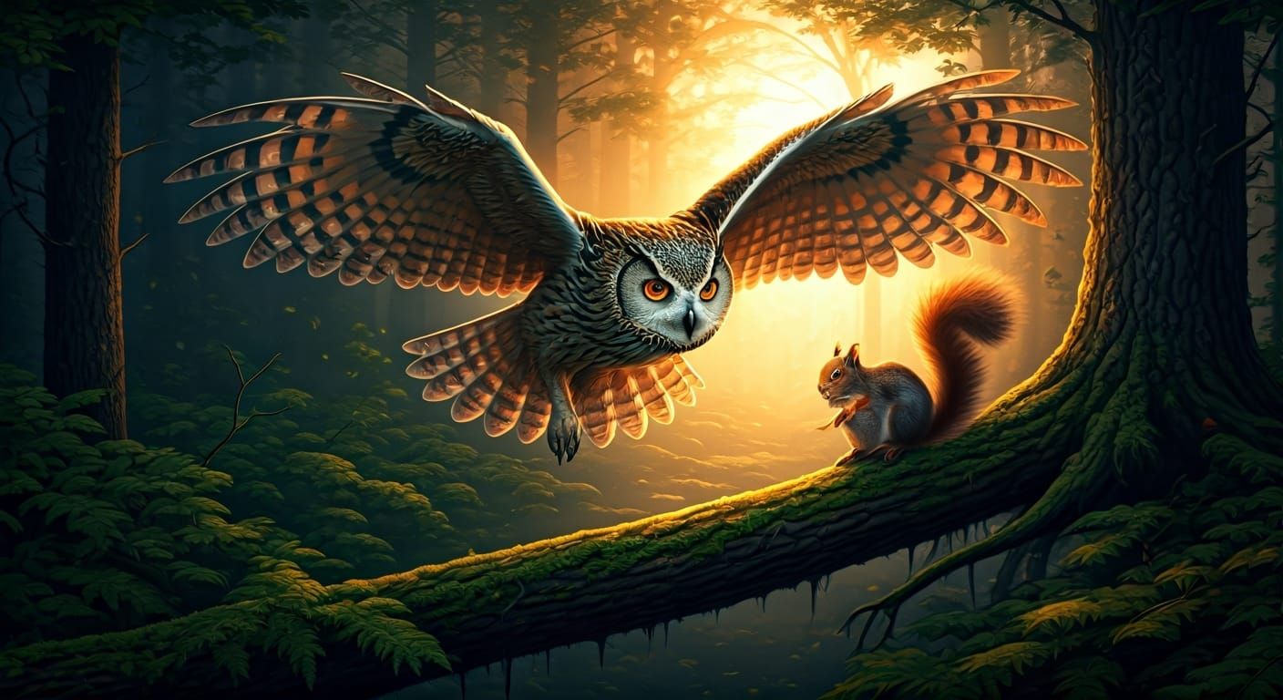 Majestic Owl Soaring Through Mystical Sunset Forest