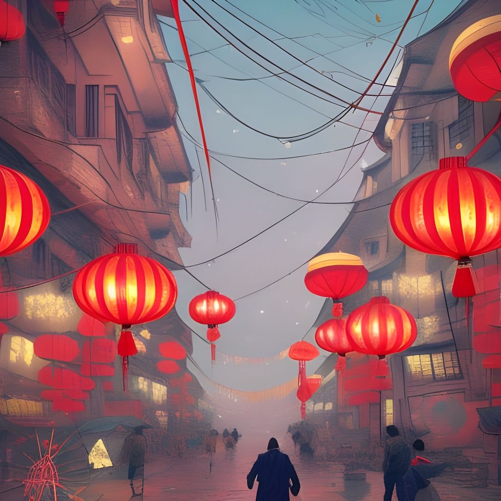 Lunar New Year Celebration with Lanterns and Fireworks