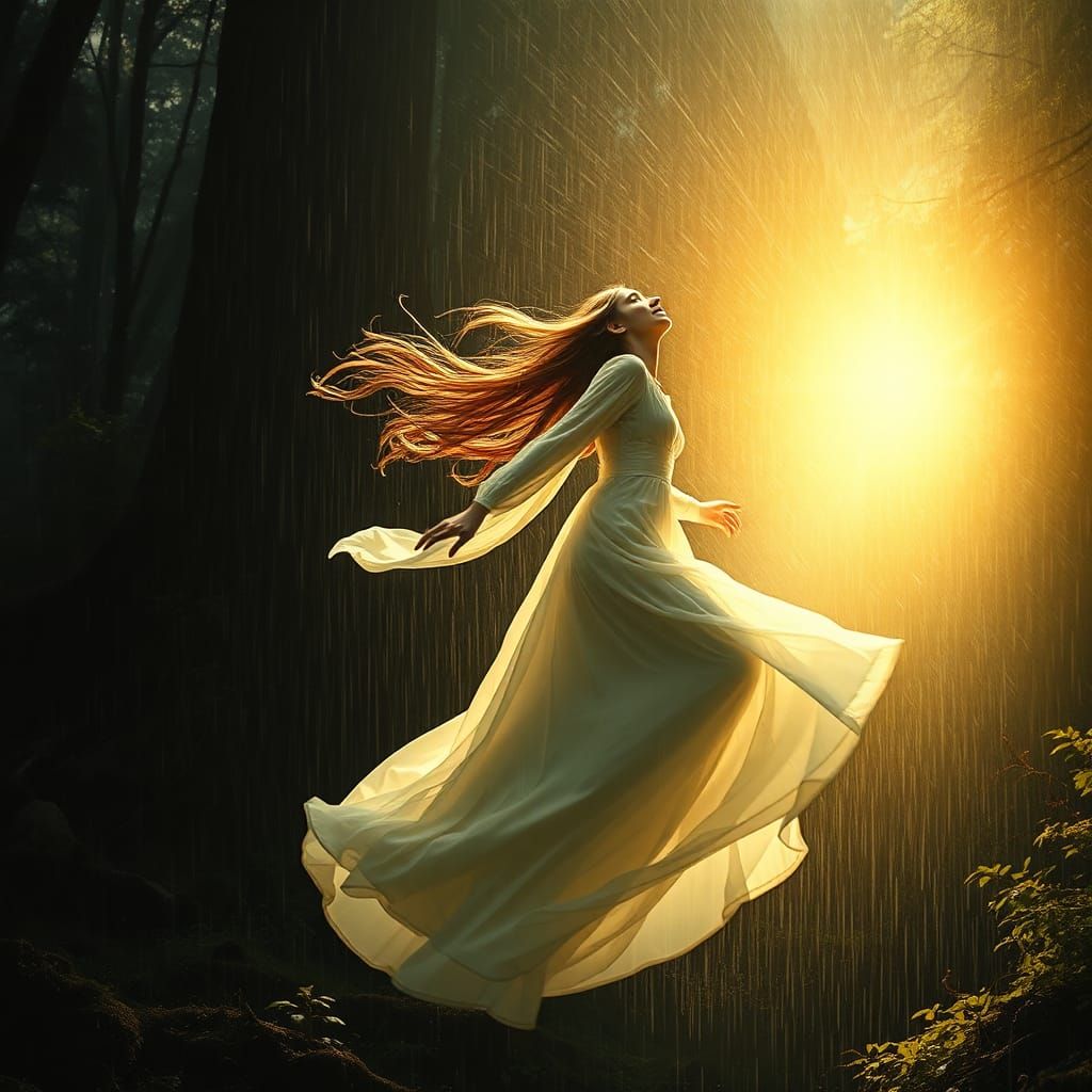 Woman Leaping Towards Light in Dreamlike Realism