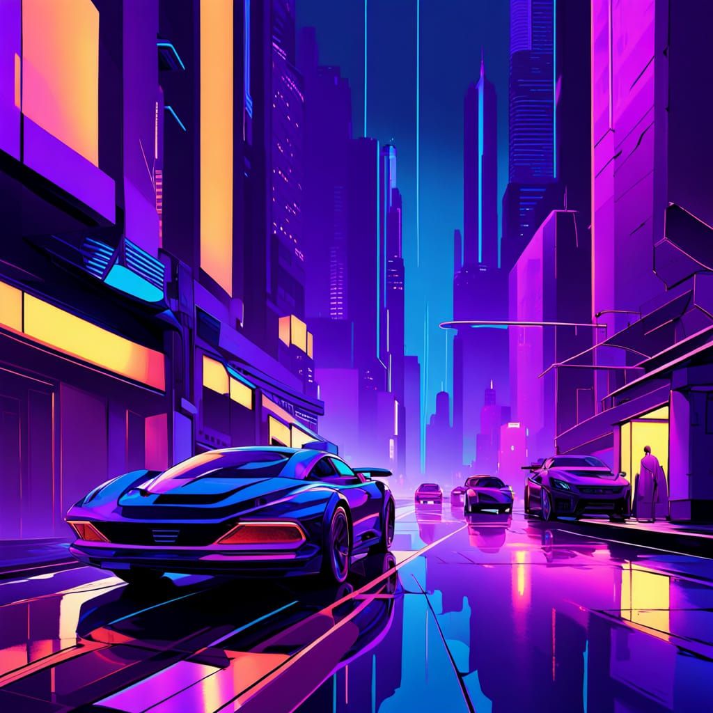 Futuristic Cityscape at Dusk with Neon Lights and Sleek Skys...