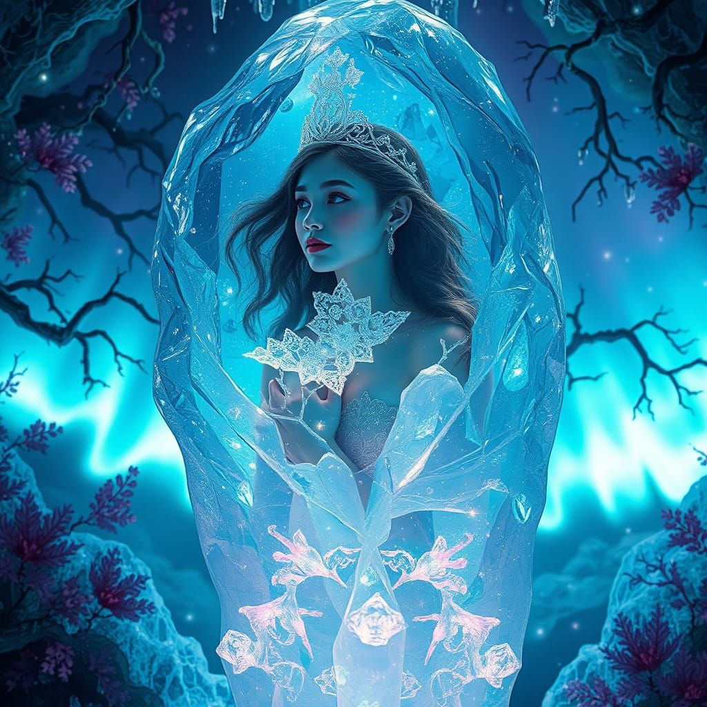 Ethereal Ice Queen Amidst Whirling Aurora