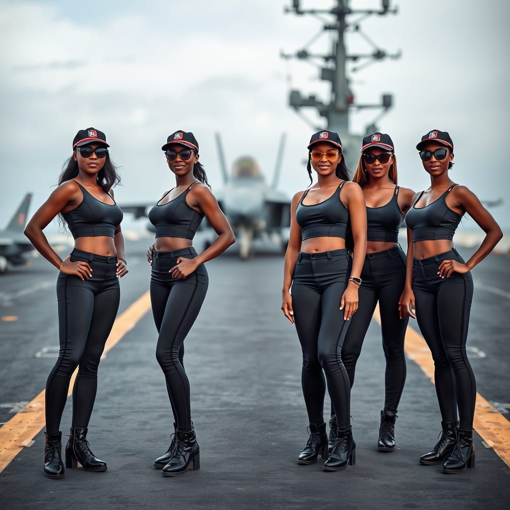 Black Women in US Navy Uniforms Pose on USS HW Bush Aircraft...