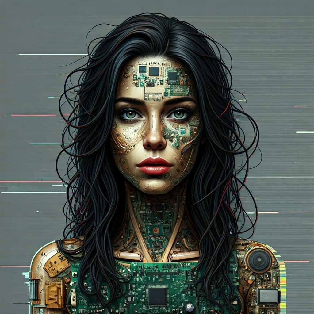 Distorted Digital Portrait with Electronic Circuitry and Cor...
