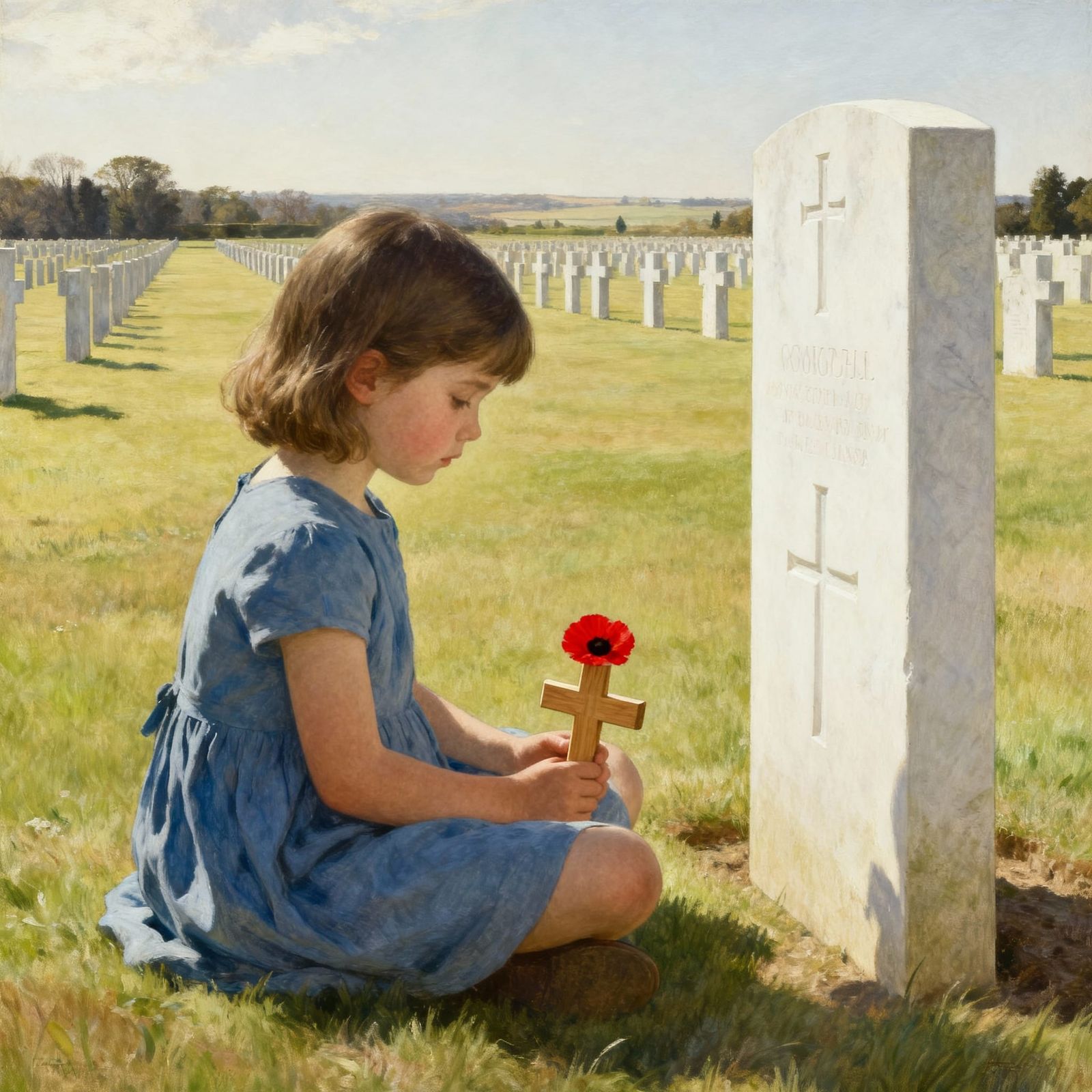 Girl Honors Father at Grave with Poppy and Cross
