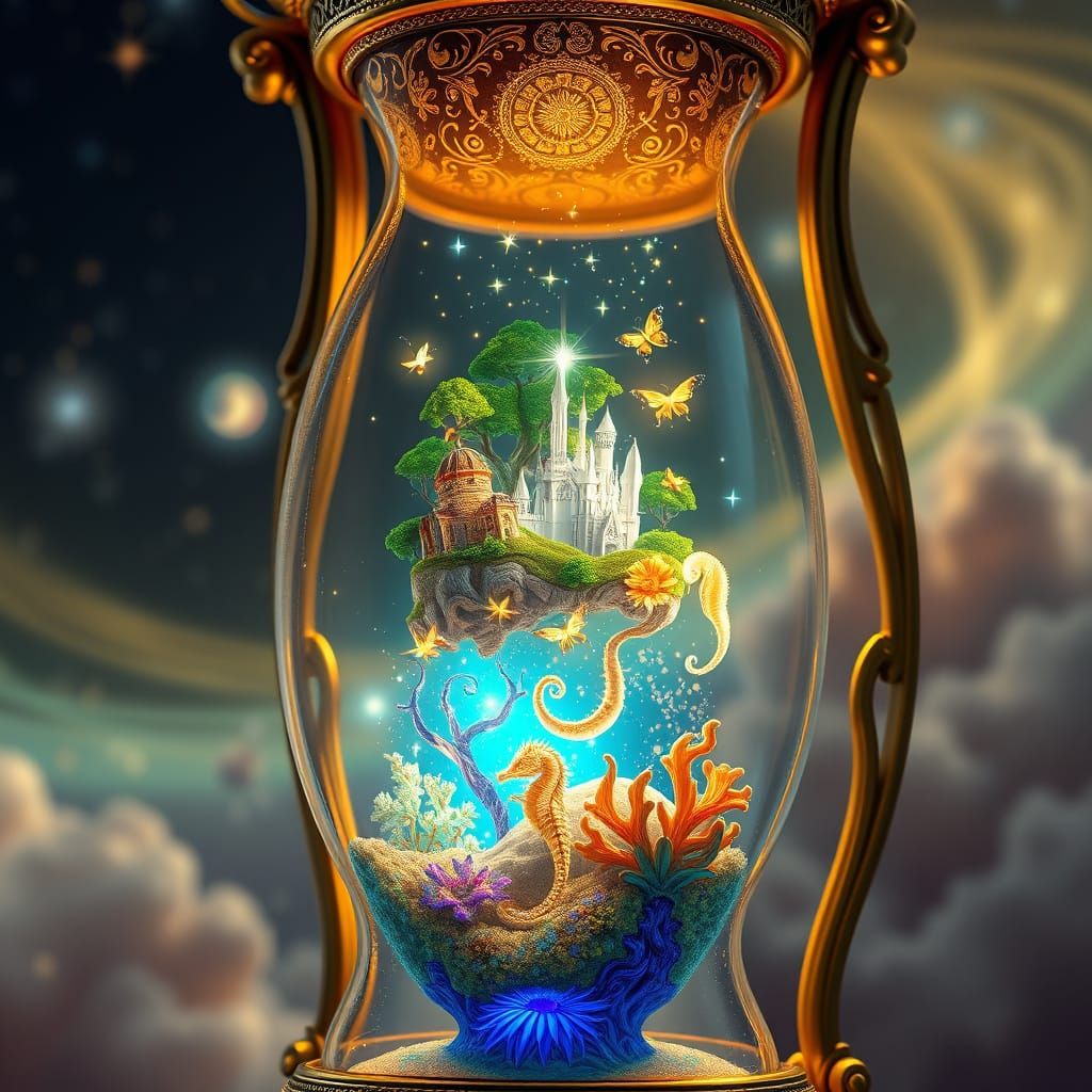 Ornate Hourglass with Fairytale Kingdom in Cosmic Ocean 3D R...