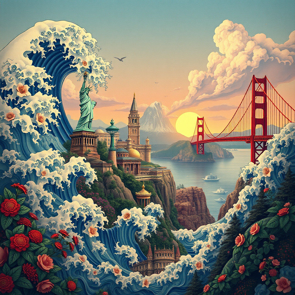 America in Ukiyo-e, Art Nouveau, and Rococo Fusion