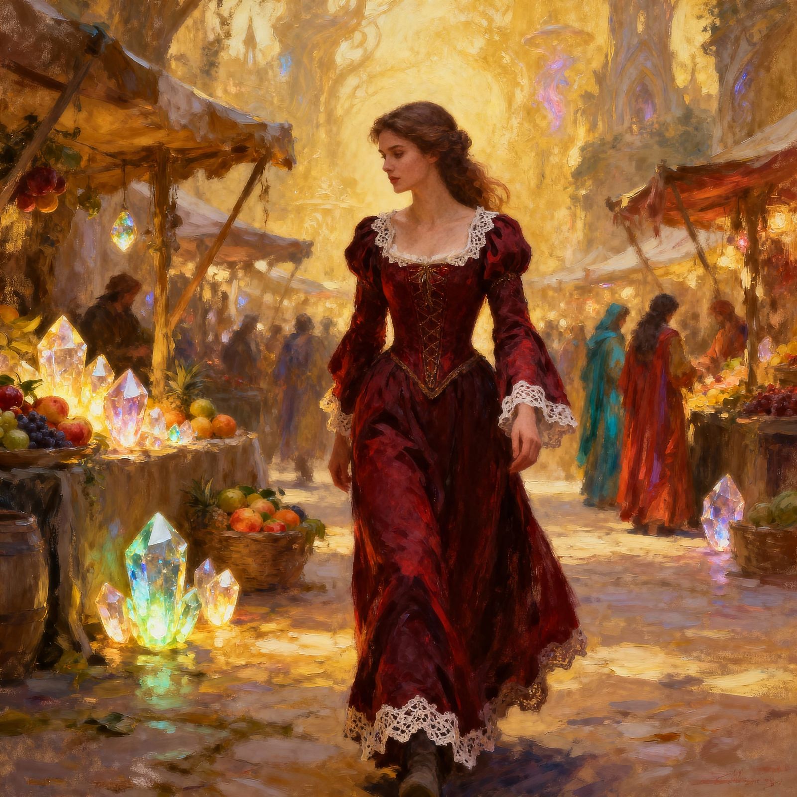 Medieval Woman in Red Dress at Fantasy Market Square
