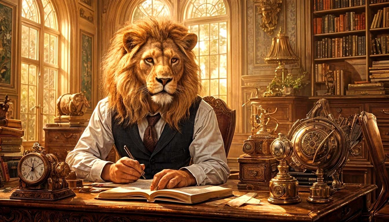 Victorian Lion Scholar in Hyperrealistic Style