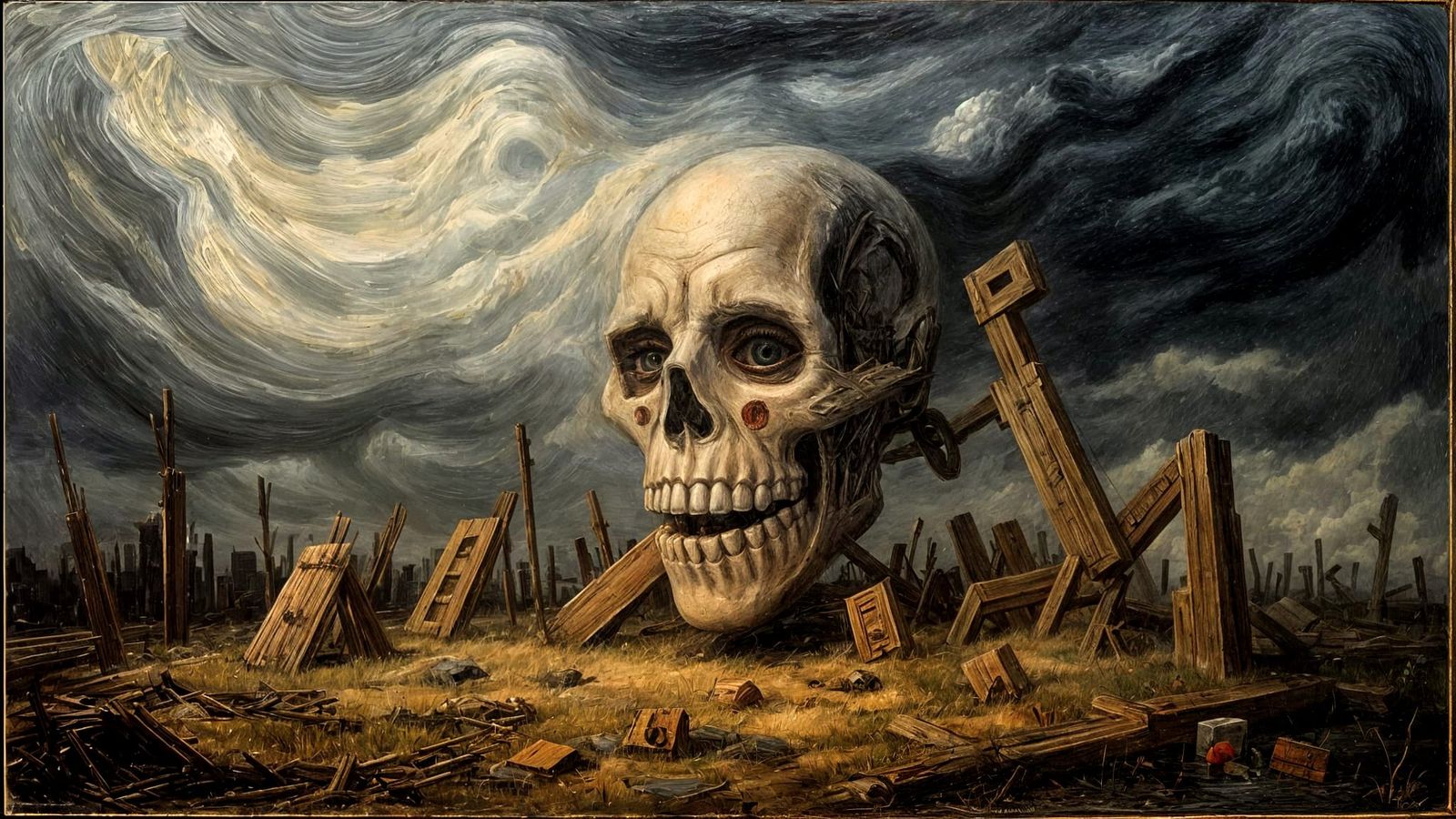 Unsettling Sad Skull in Stormy Sky, Disturbed Paint Style