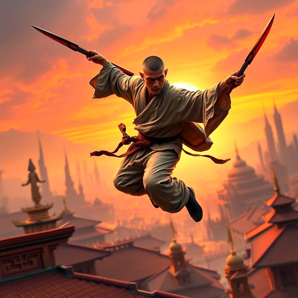 D&D Warrior Monk Leaping Across Rooftops