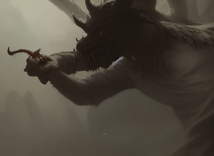 Person Fighting Demons in Dystopian Landscape