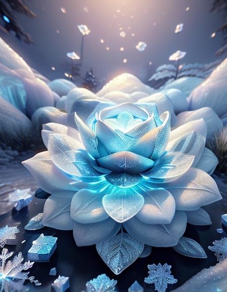 Hyper Realistic Ice Flower in Magical Winter Atmosphere