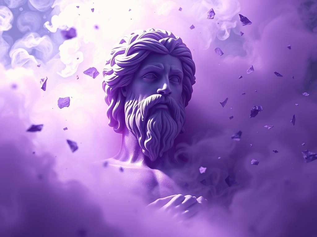 Amethyst God Apollo Surrounded by Purple Fog and Ashes