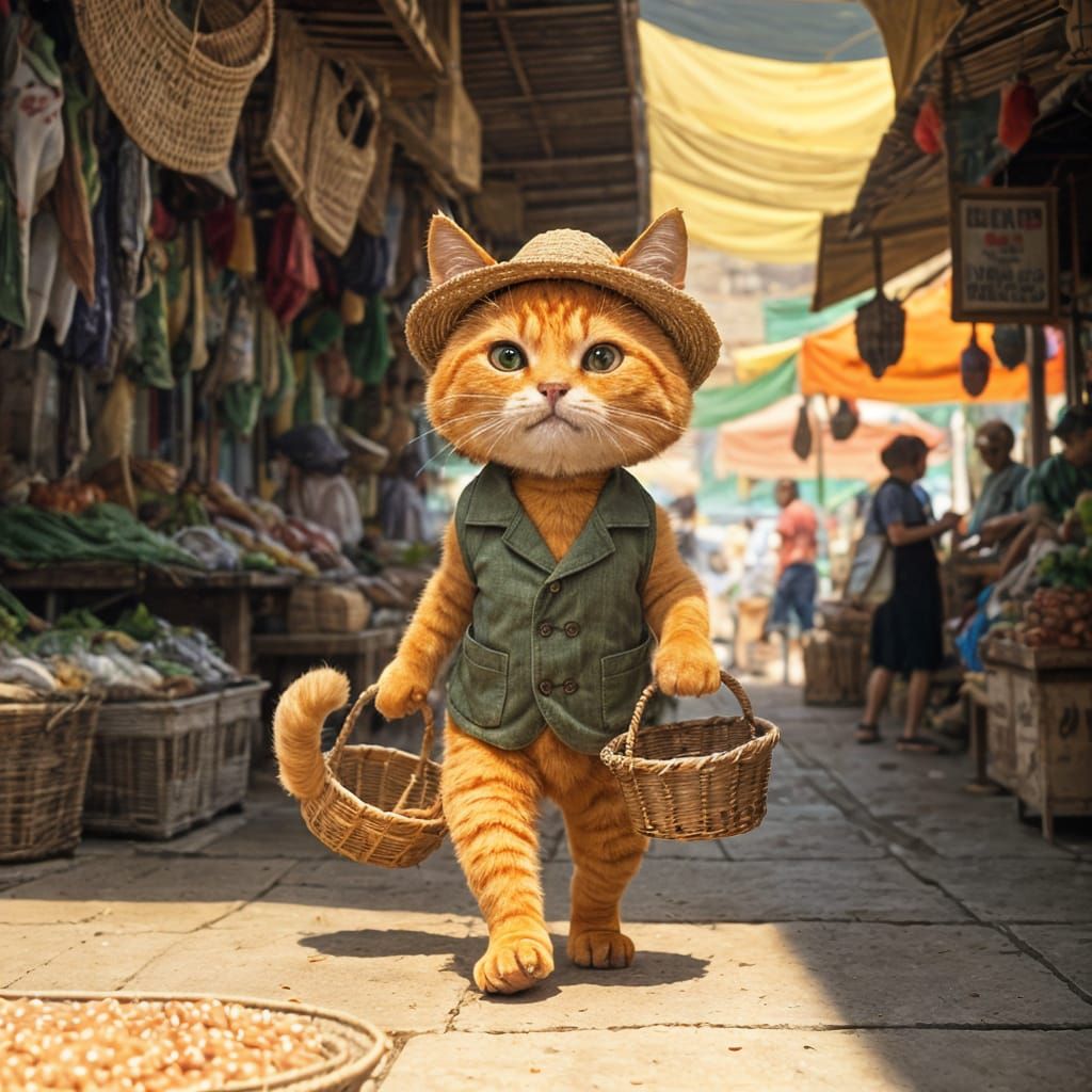 Whimsical Orange Cat Explores Colorful Fish Bazaar in Steamp...