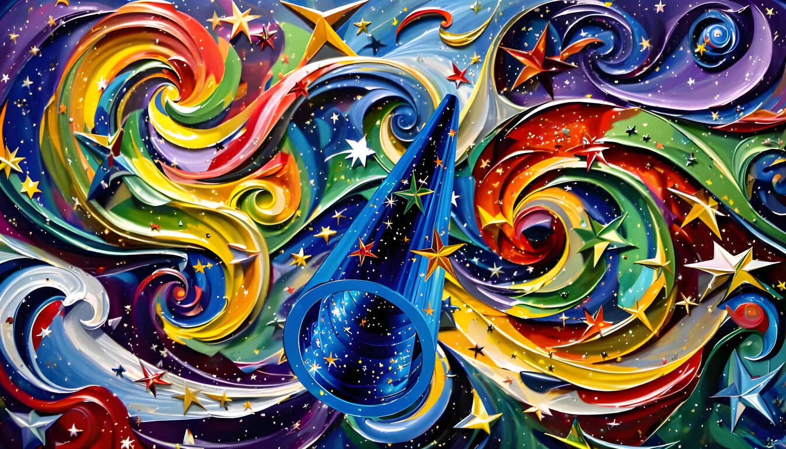 Surreal Cosmos: Metallic Cylinder Races Through Kandinsky St...