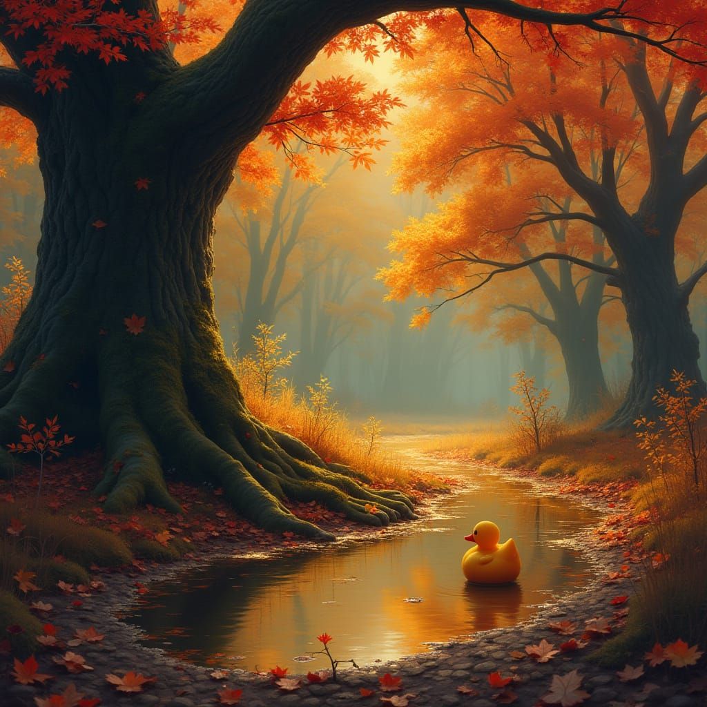 Autumn Forest Duck in Hyperrealistic Digital Painting