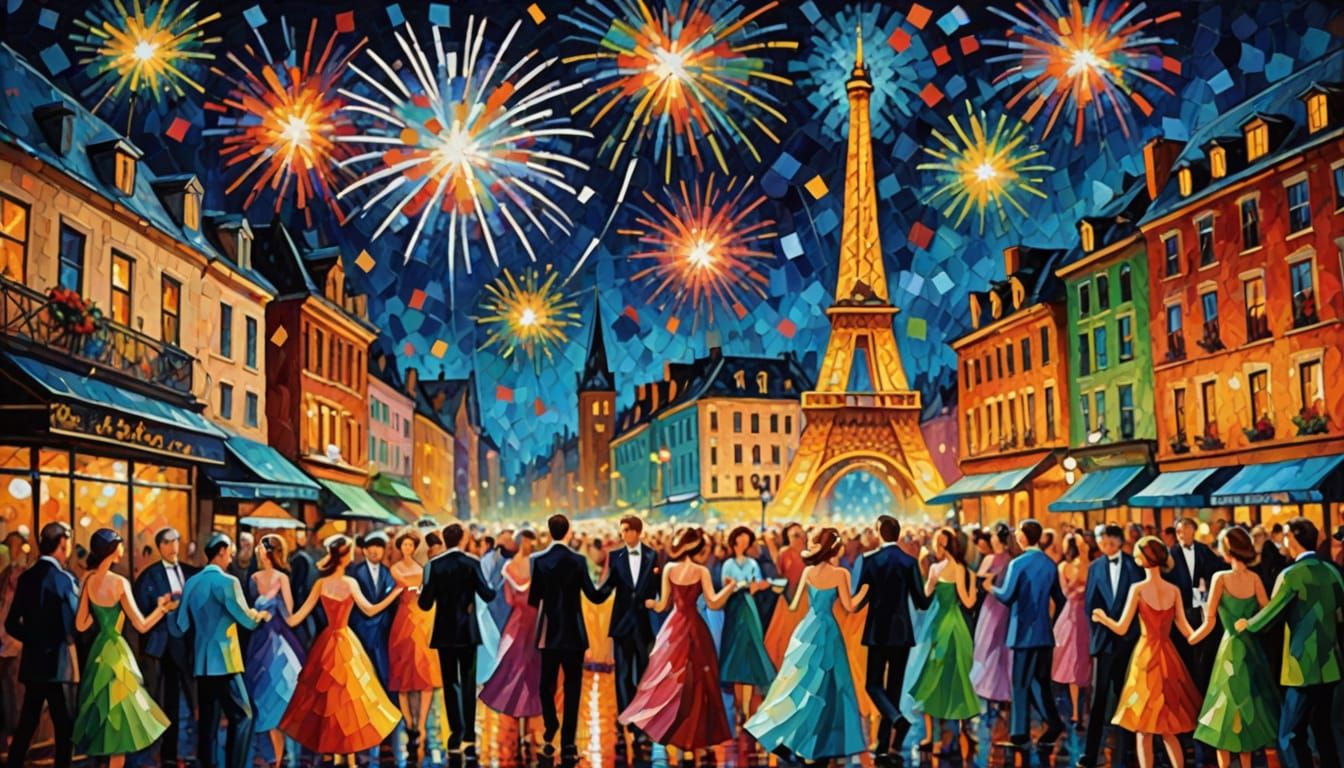 Neo-Impressionist Night Celebration with Fireworks and Danci...