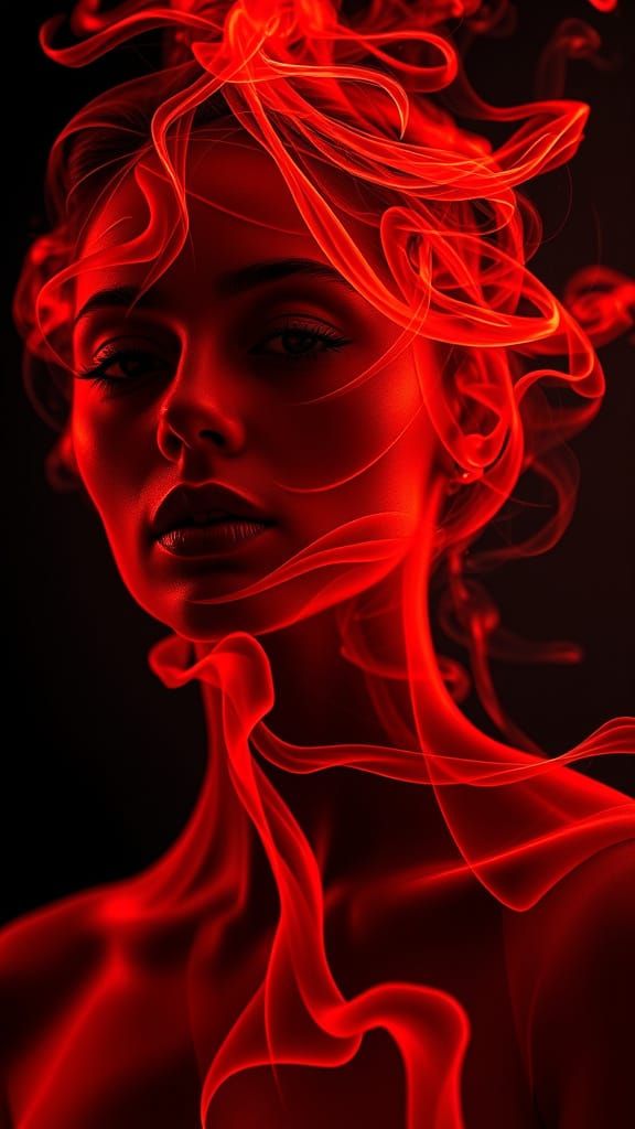 Ethereal Woman Portrait Made of Red Smoke Lines