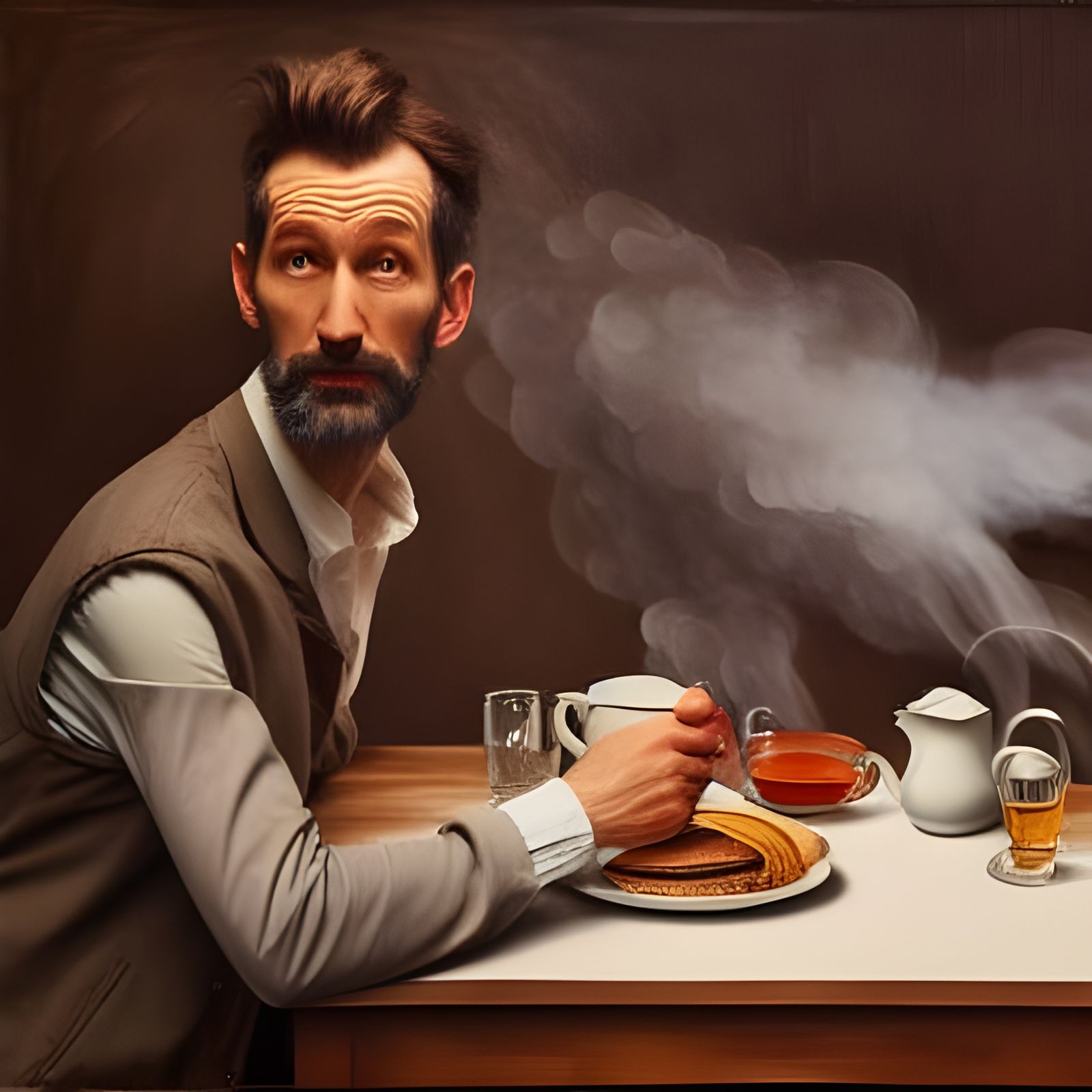 Beautiful Man Laughing with Steaming Tea