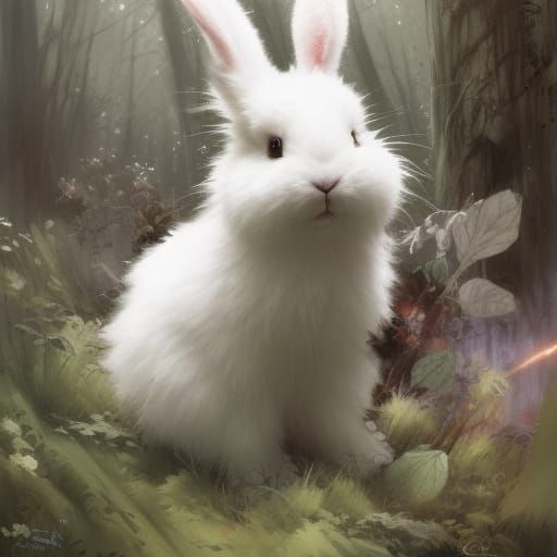 Fluffy Bunny Knight Portrait in Forest, Digital Art