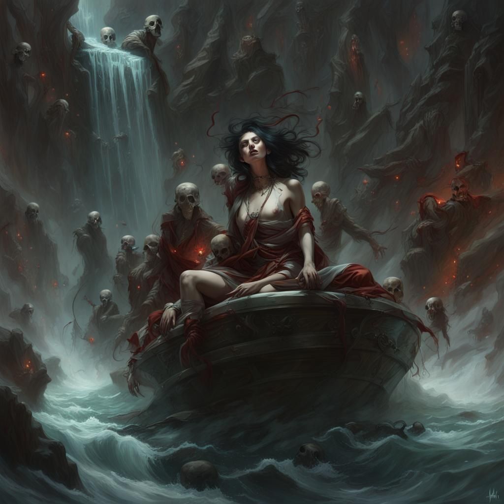 Shackled Figure in Underworld River: Dark Fantasy Art