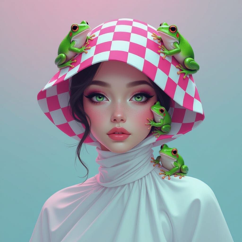 Checkered Woman with Frogs in Futuristic Style