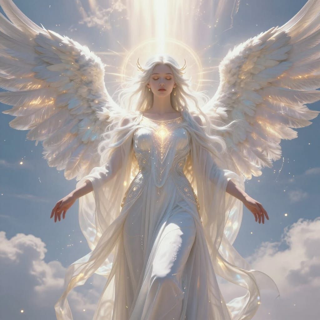 Ethereal Celestial Angel in Luminous Sky, Divine Beauty