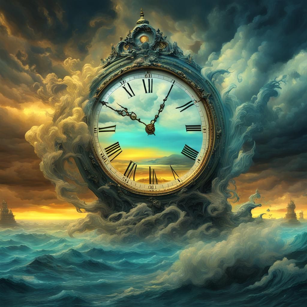 Time flows backwards as the clock dissolves into a Salvador Dali style painting, Stormy Night, 3D, fantasy art, 5D cinem...