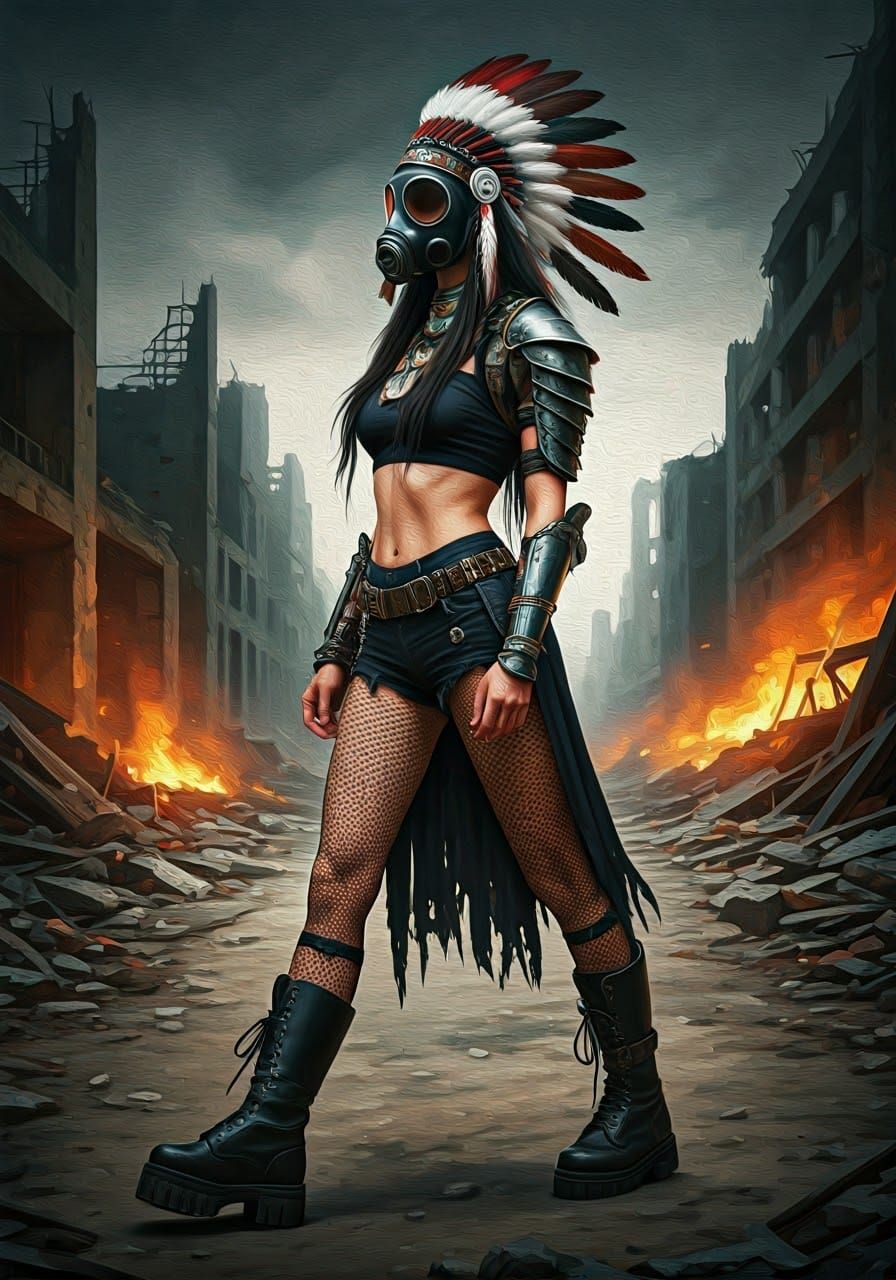 Native American Warrior Strides Through Ruins in Neo-Impress...