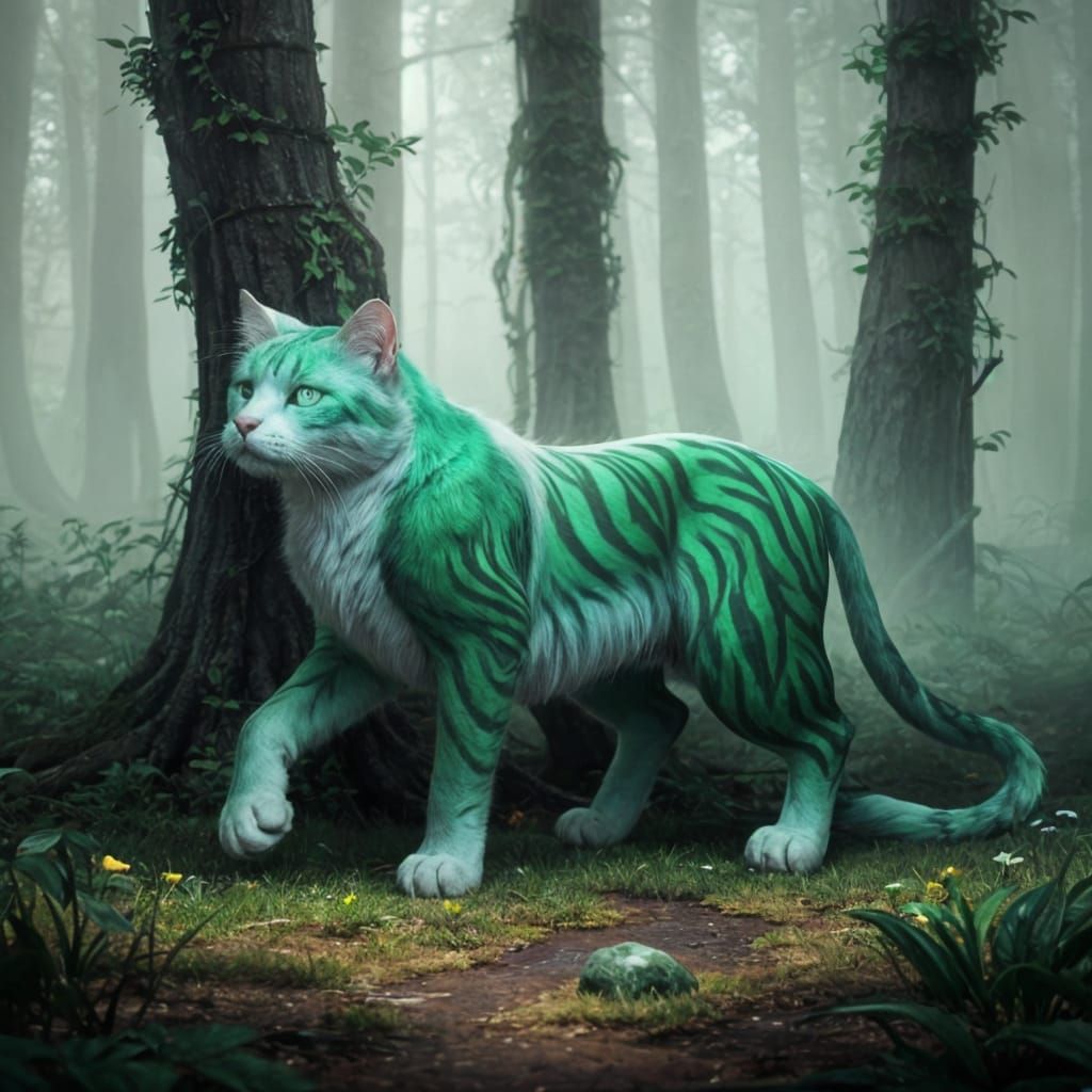 Green Streaked White Cat: Fantasy Concept Art
