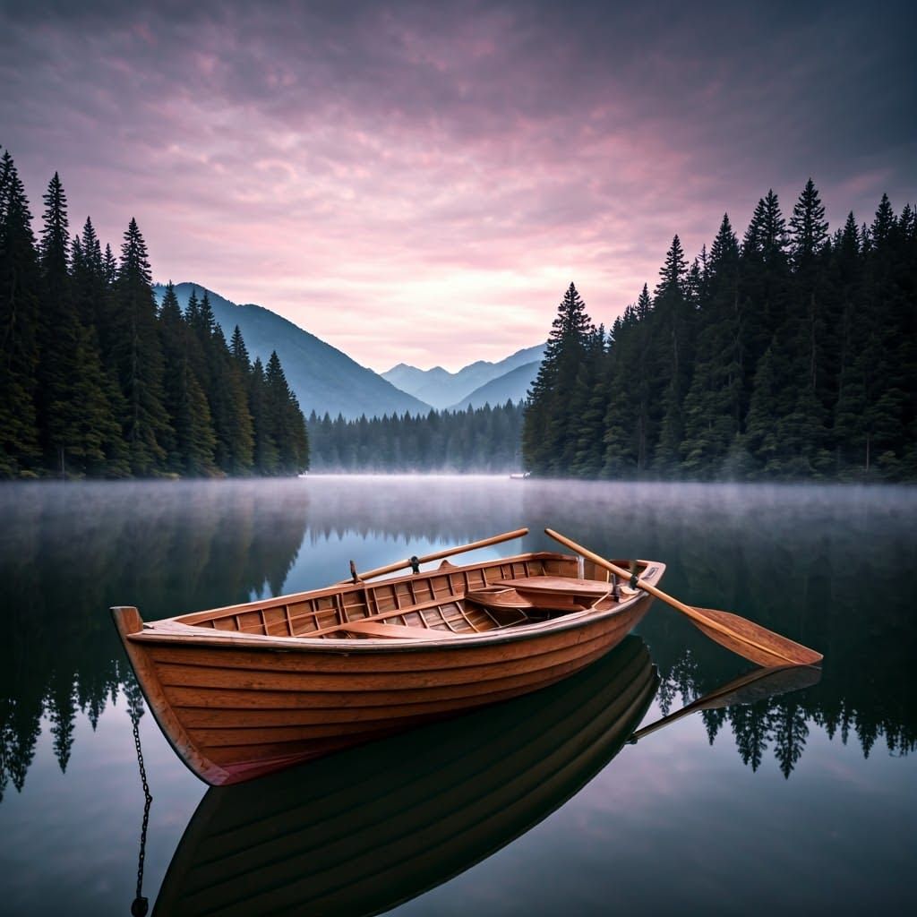 Mysterious Wooden Rowboat on a Serene Lake at Dawn