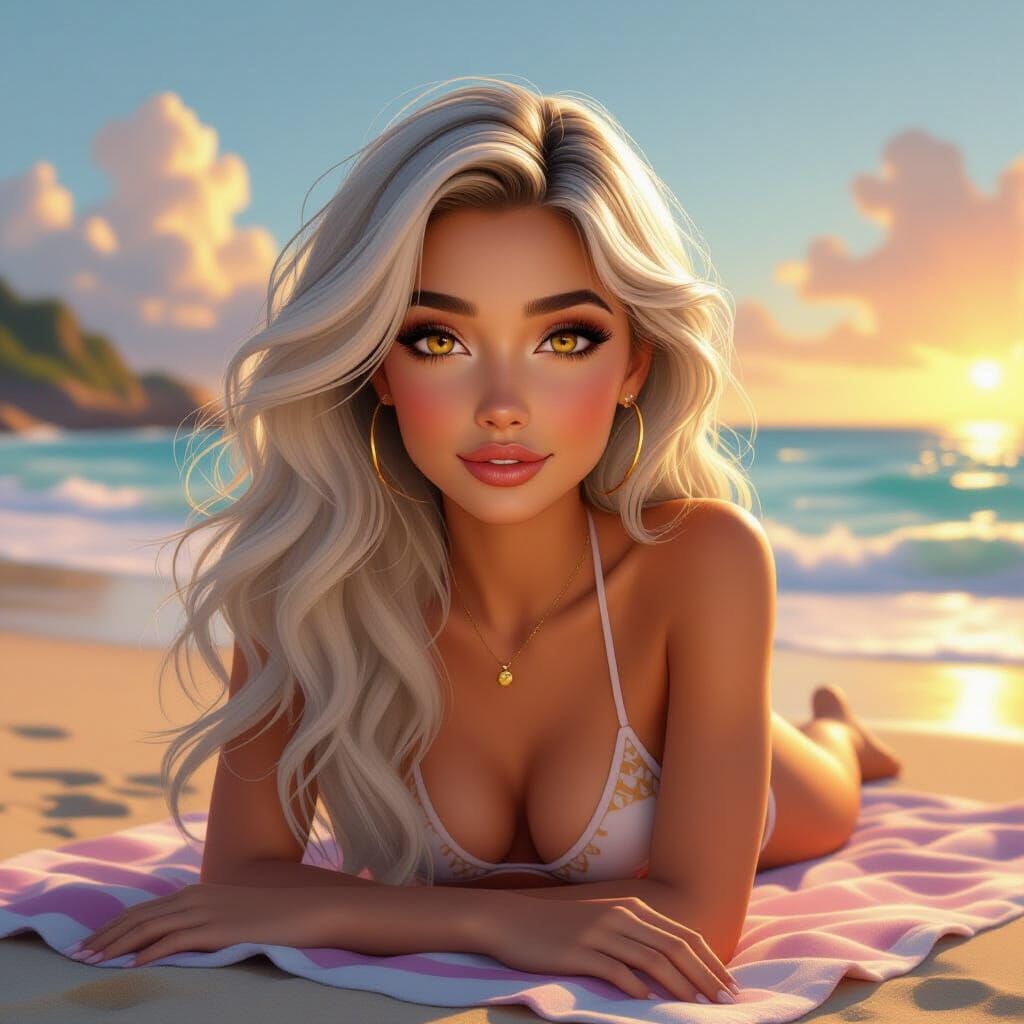 Woman on Beach at Golden Hour: 3D Digital Art