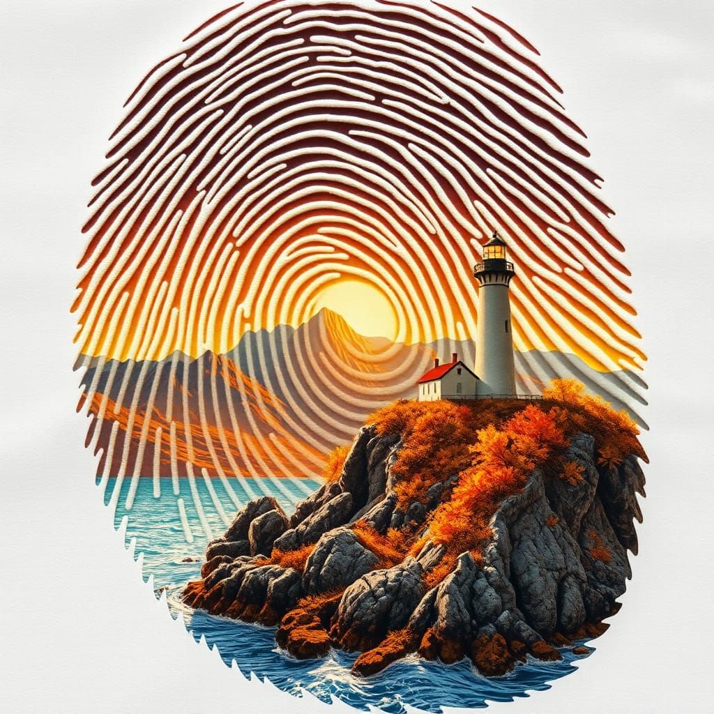 Fingerprint Landscape: Surreal Lighthouse Scene