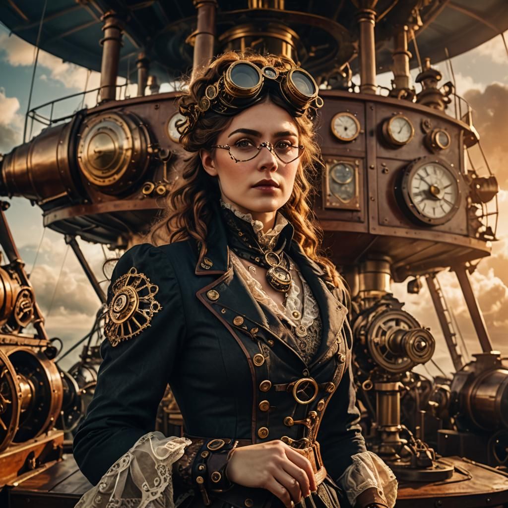 Steampunk Woman on Airship Deck in Cinematic Lighting
