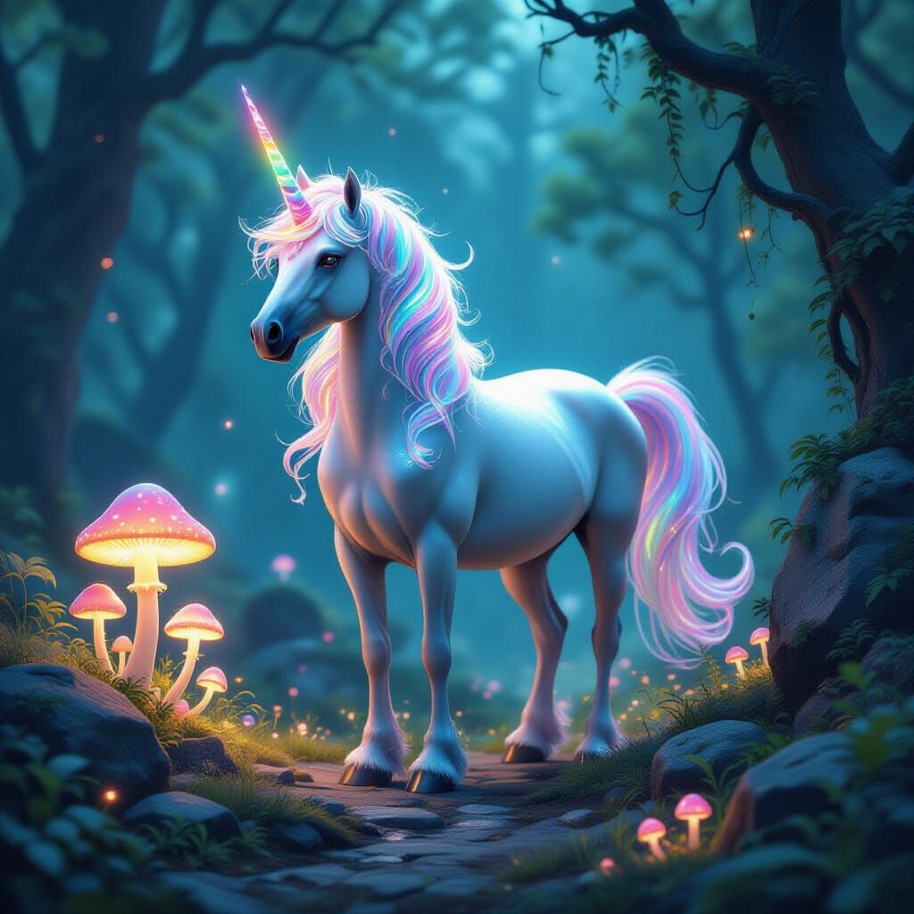 Majestic Unicorn in Galactic Landscape with Glowing Flora