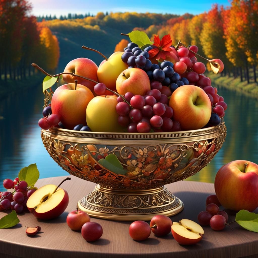 Floating Island Harvest: Autumn Fruits in Fantasy Landscape