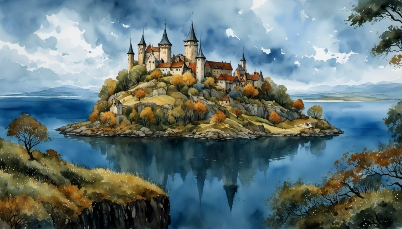 Winter Castle on Rainy Island Landscape