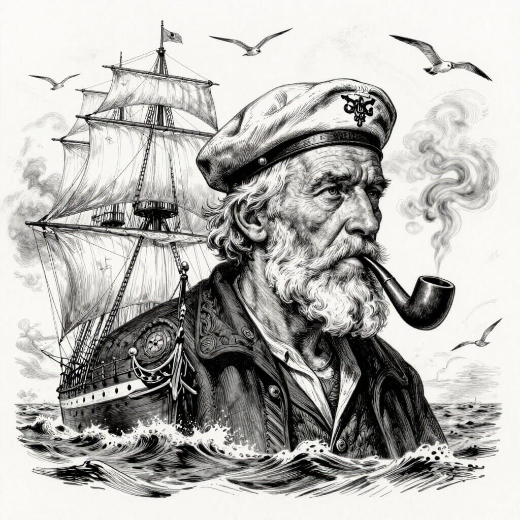 Weathered Sailor and Stormy Seas in Monochromatic Ink
