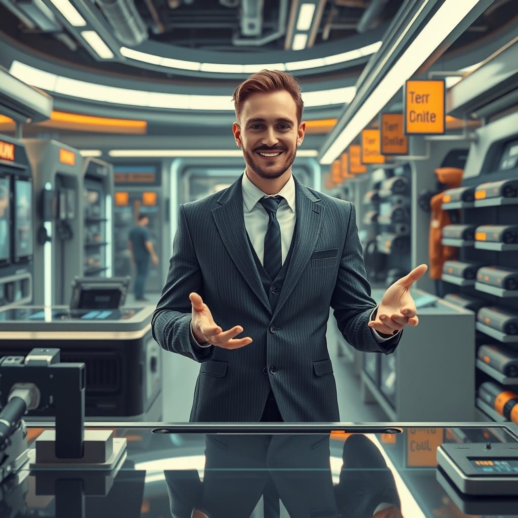 Futuristic Merchant Smiles in High-Tech Cyberpunk Store