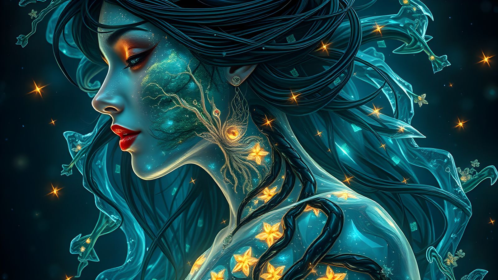 Glass Woman Dancing with Forest Inside: Fantasy Art