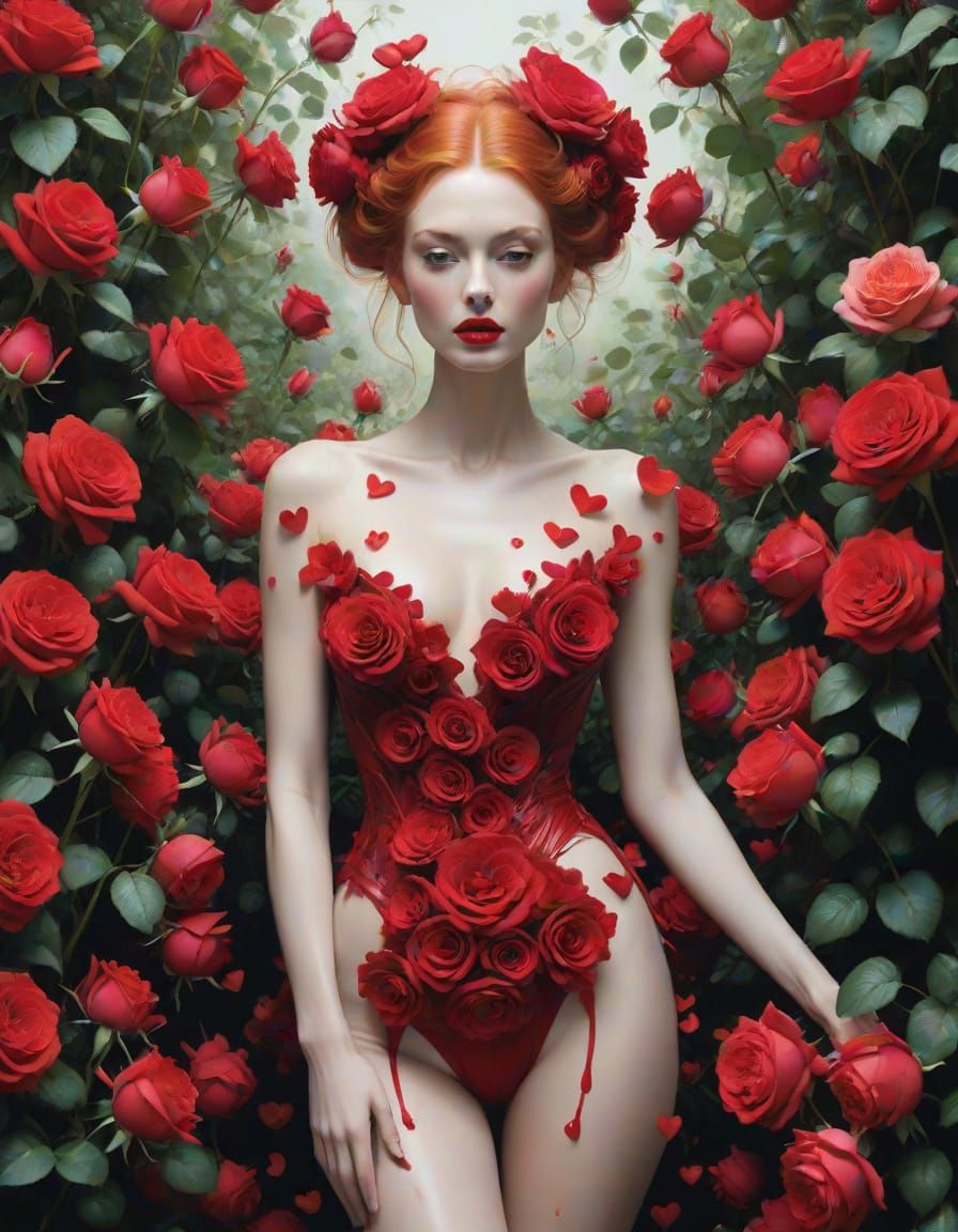 Ginger Girl Surrounded by Blooming Red Roses in Whimsical St...